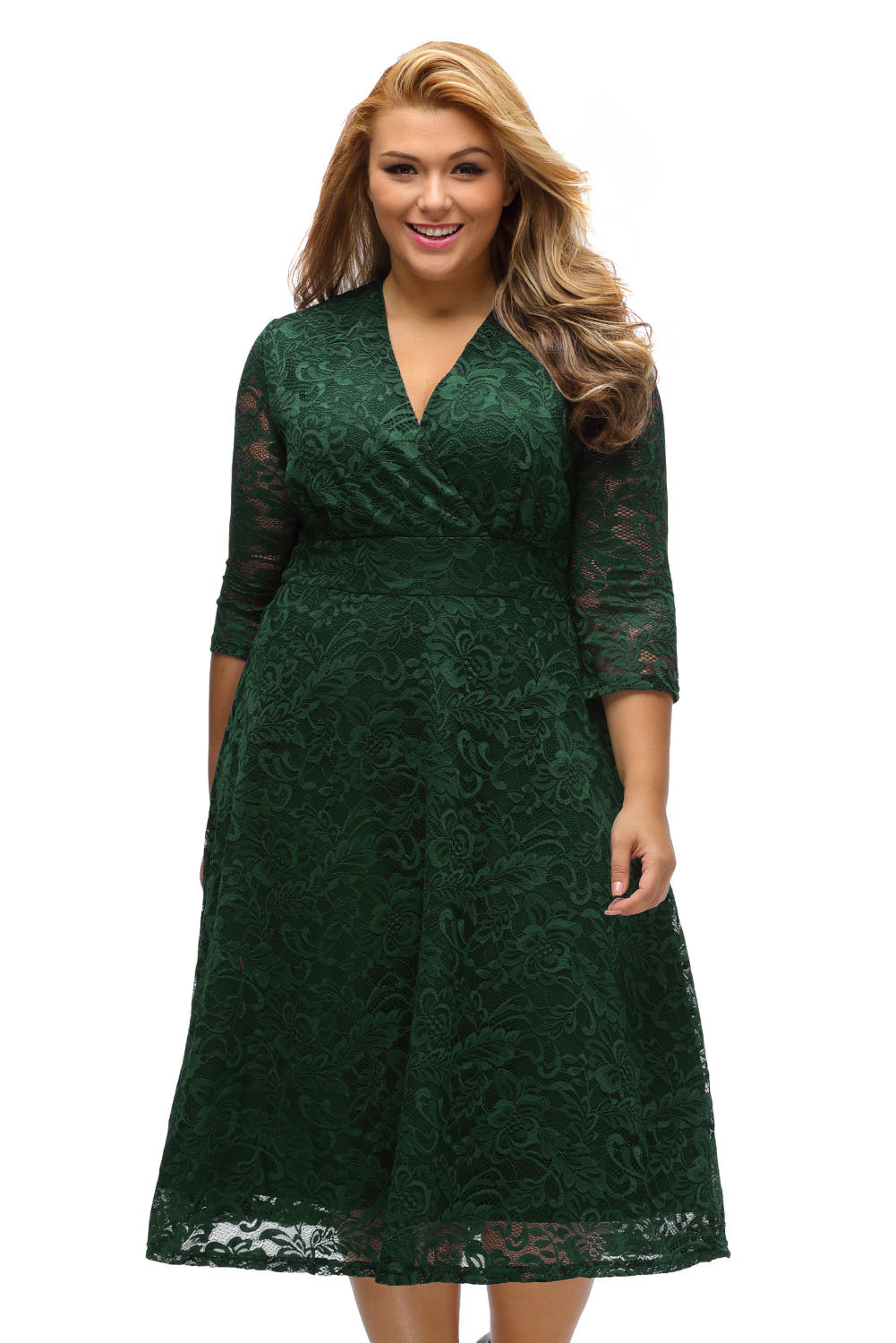 BY61442-9 Olive Plus Size Surplice Lace Formal Skater Dress